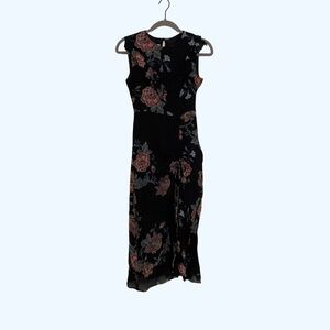 Pinko Black Floral Mid Length Ruched Cocktail Dress Ruffle Tie Hem Midi Lined